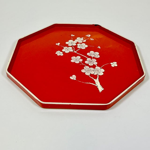 Red Mid-Century Boho Chic Octagonal Shaped Plastic Serving Tray With Cherry Bloosom Design For Sale - Image 8 of 14