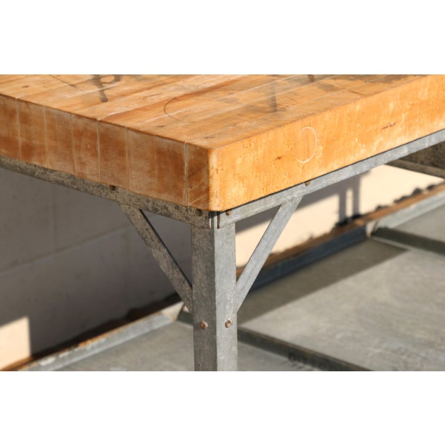 Modern 1950s Industrial Butcher Block Workstation Table With Steel Frame, Drawer & Removable Galvanized Trays For Sale - Image 3 of 18