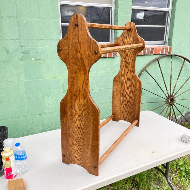 Solid oak Spanish Revival style blanket rack in great shape. It’s been spruced up with a fresh coat of lacquer. Sturdy...