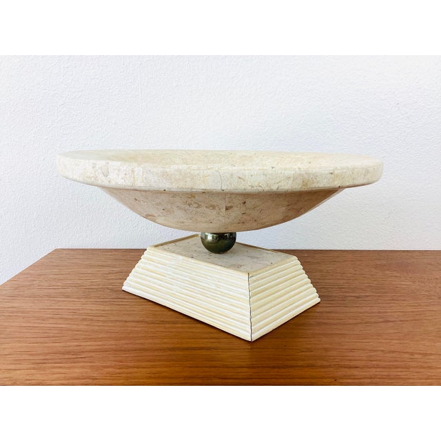 Vintage 1980s Tessellated Stone & Brass Centerpiece Bowl big centerpiece bowl on pedestal base made of tessellated stone...