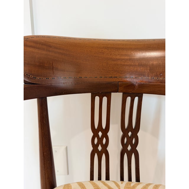 Chippendale Vintage Cheraton Style Inlaid Mahogany Accent Chair with new designer upholstery For Sale - Image 3 of 6