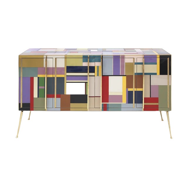 Mid-Century Italian Solid Wood and Colored Glass Sideboard For Sale