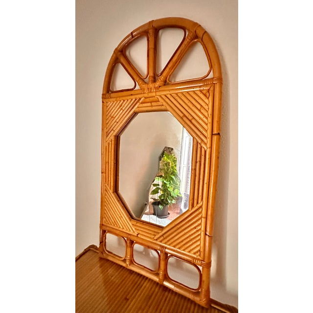 1960s Arched Demi-Lune Console in Rattan and Bamboo with Mirror from Vivai del Sud, Italy, 1960s For Sale - Image 5 of 14