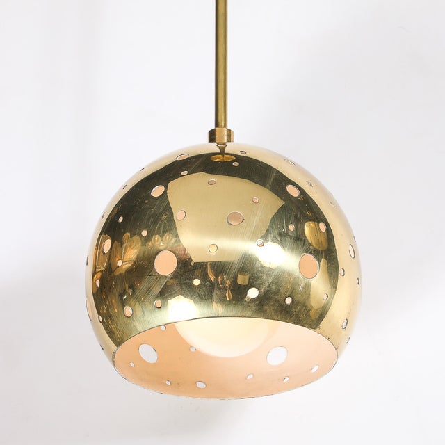 Mid-Century Modern Mid-Century Rounded Brass Pendant Chandelier With Circular Cutout Detailing For Sale - Image 3 of 14