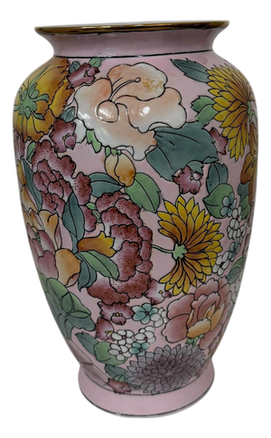 Vintage Hand Painted Rare Color Pink Chinoiserie Vase With Turquoise, Saffron, Aqua and Pinks, Floral Pattern, Grand Millennial,