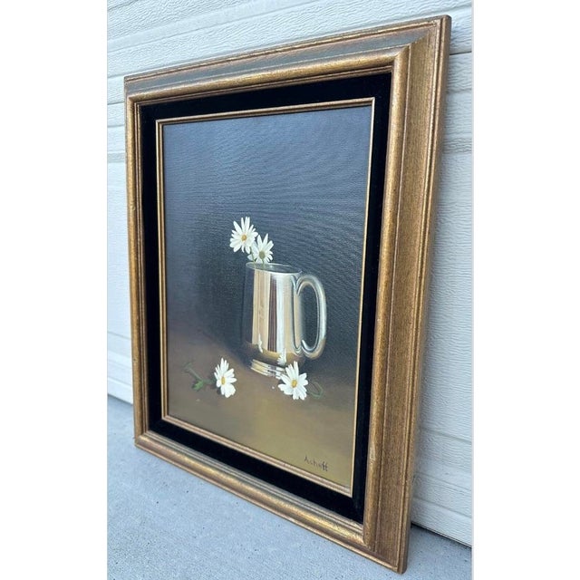 1970s William Acheff – Still Life With Sterling Mug and Daisies Oil on Canvas, Framed For Sale - Image 10 of 12