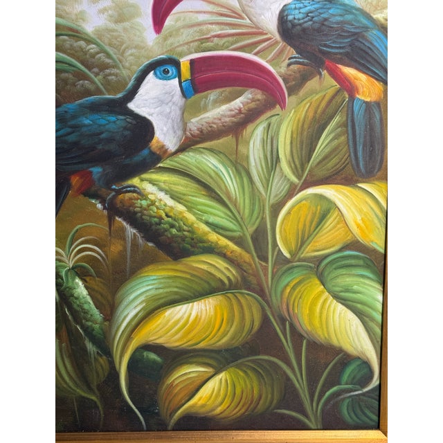 Wood Vintage Late 20th Century Toucans in Paradise Tropical Print in Ornate Gold Baroque Frame — Curated by Turtle and Crane Reproduction For Sale - Image 7 of 9
