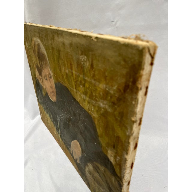 Vintage Realist Portrait Oil Painting of a Young Boy With Dandelions For Sale - Image 9 of 10