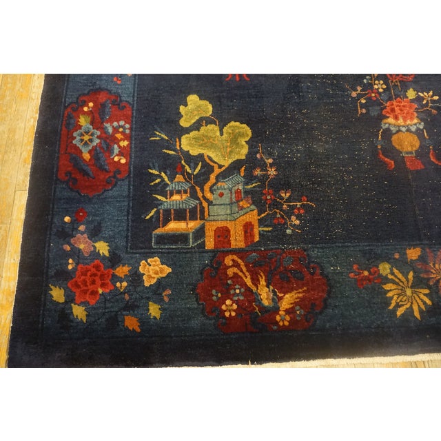 Navy Blue 1920s Navy Blue Vase Floral Antique Chinese Art Deco Carpet 9' X 11'6" Handknotted Wool Rug For Sale - Image 8 of 11