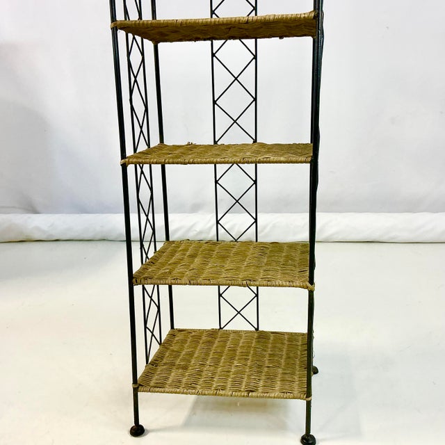 Wood Mid-Century Boho Chic Arts & Crafts Metal and Wicker Slim Bookcase, 6 Tier For Sale - Image 7 of 18