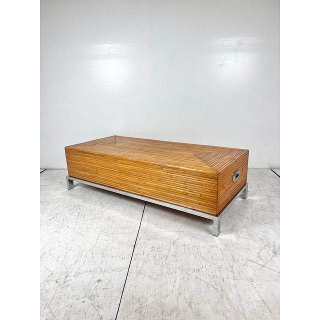 Wood Vintage Milo Baughman Split Reed Rattan Bamboo Chrome Coffee Table For Sale - Image 7 of 12