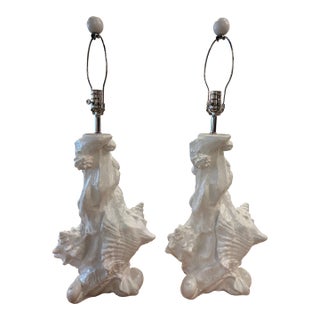 Vintage Pair Seashell Shell Plaster Table Lamps by Sirmos Newly Wired & Restored For Sale