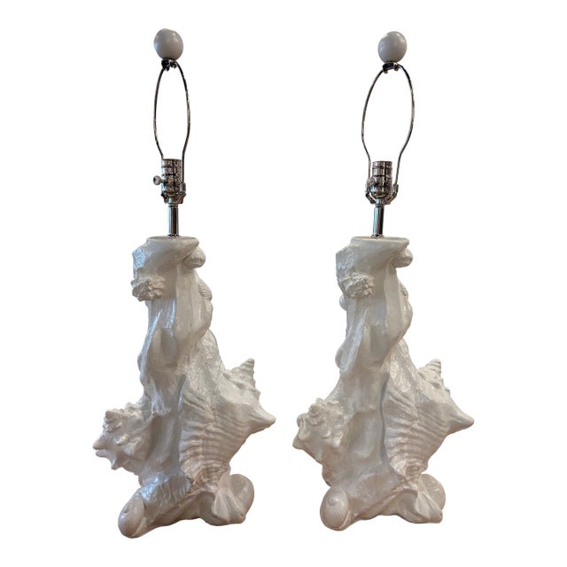 Vintage Pair Seashell Shell Plaster Table Lamps by Sirmos Newly Wired & Restored For Sale