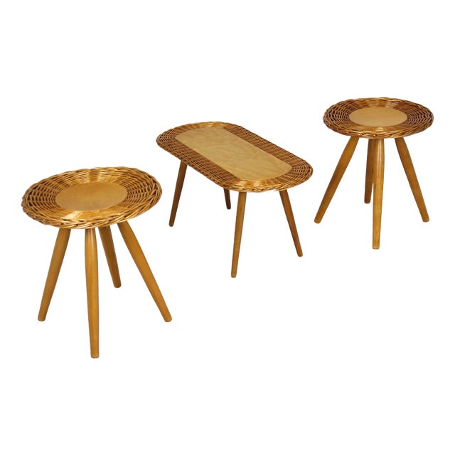 Mid-Century Rattan Stools attributed to Jan Kalous for Úluv, Czechoslovakia, 1960s, Set of 3 For Sale