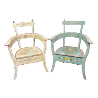 Vintage Pair of Blue and Yellow Norwegian Folk Art Chairs, Signed For Sale