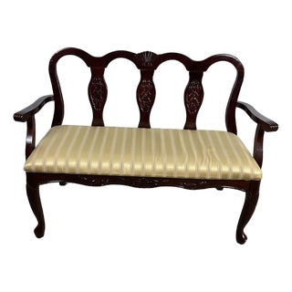 Vintage Queen Anne Style Triple-Back Walnut Settee With Stripe Satin Cushion For Sale