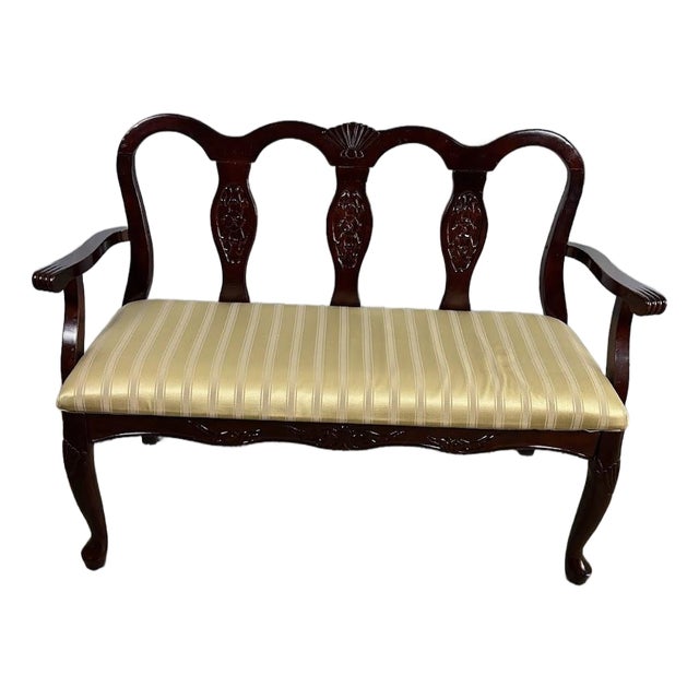Vintage Queen Anne Style Triple-Back Walnut Settee With Stripe Satin Cushion For Sale