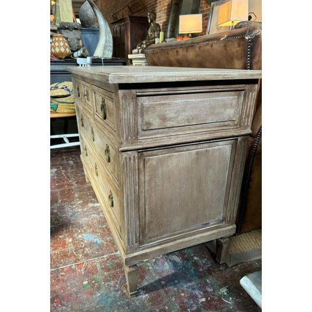 French Provincial Antique French Louis XVI Style Commode | 1930s Painted Cherrywood Chest of Drawers | Light Gray Distressed Finish For Sale - Image 3 of 12