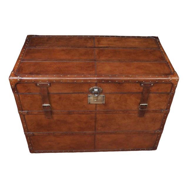 Large English Leather Campaign Luggage Trunk For Sale
