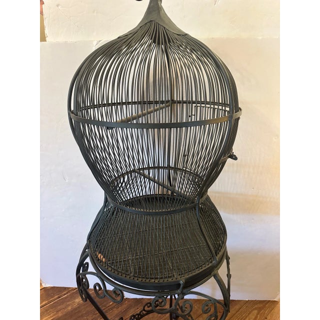 1980s Tall Free Standing Whimsical Black Iron Functional Birdcage For Sale - Image 5 of 11
