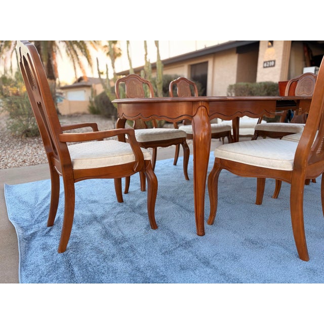 French Provincial Late 20th Century Attributed to Bassett Chalons Collection Sequoia Cherry Dining Set With Cane-Back Chairs, Extension Leaf & Custom Table Pads For Sale - Image 3 of 17