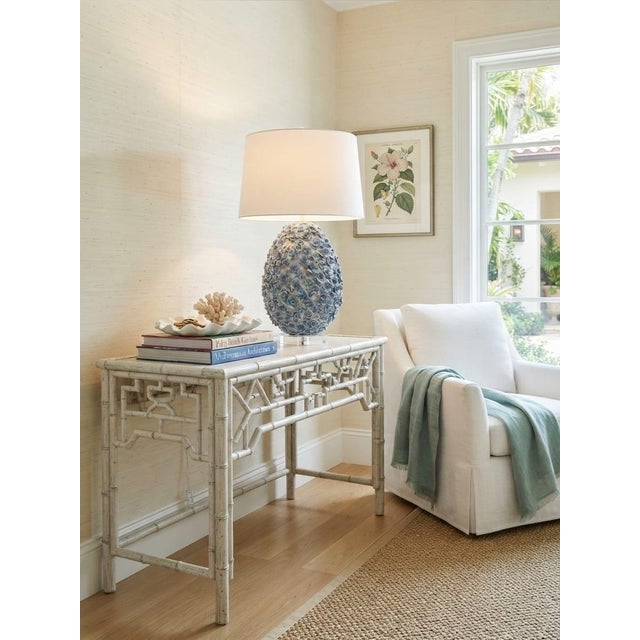 Vintage Hand-Crafted Blue Floral Encrusted Ceramic Table Lamp on Lucite Base For Sale - Image 12 of 12