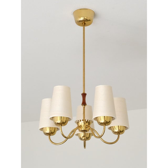 Brass 5-Arm Chandelier with Silk Shades from Asea Belysning, Sweden, 1950s For Sale - Image 12 of 12