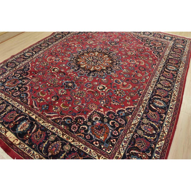 Farmhouse Mashad Rug 9’8” X 12’3” Red Wool Vintage Traditional Hand-Knotted Carpet For Sale - Image 3 of 15