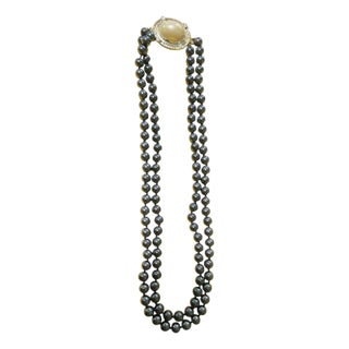 Long Vintage Two Strand Faux Black Pearls With Beige Focal Necklace For Sale