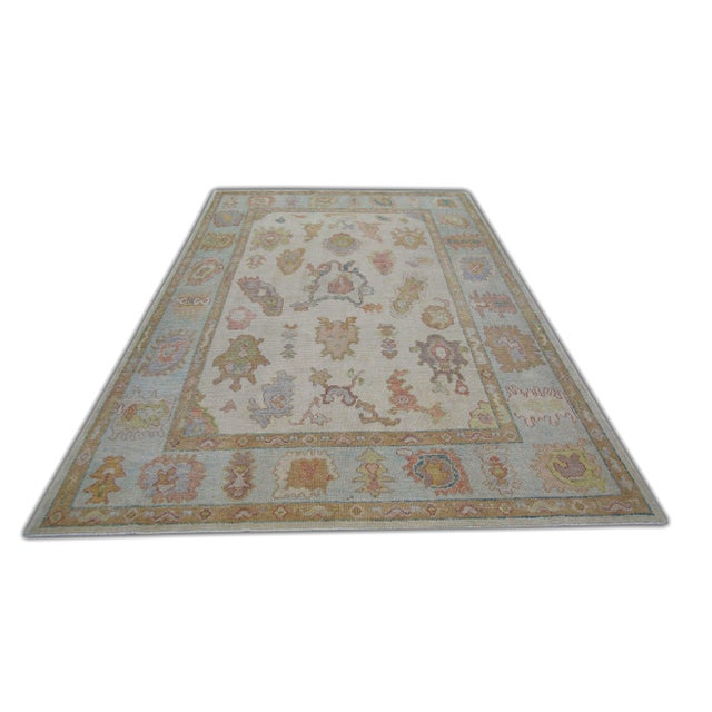 Early 21st Century Turkish Oushak Rug Green, Pink, Blue Handwoven Wool Rug 6' X 9'3" For Sale - Image 5 of 7