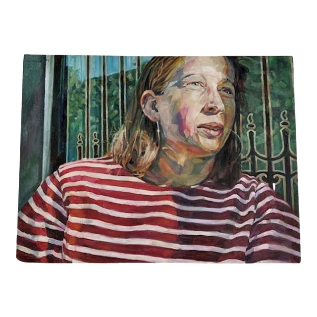 2003 Oil Portrait Painting — Striped Shirt Woman, Signed “Ingham,” Reminiscent of Alice Neel (24" × 18.5") For Sale