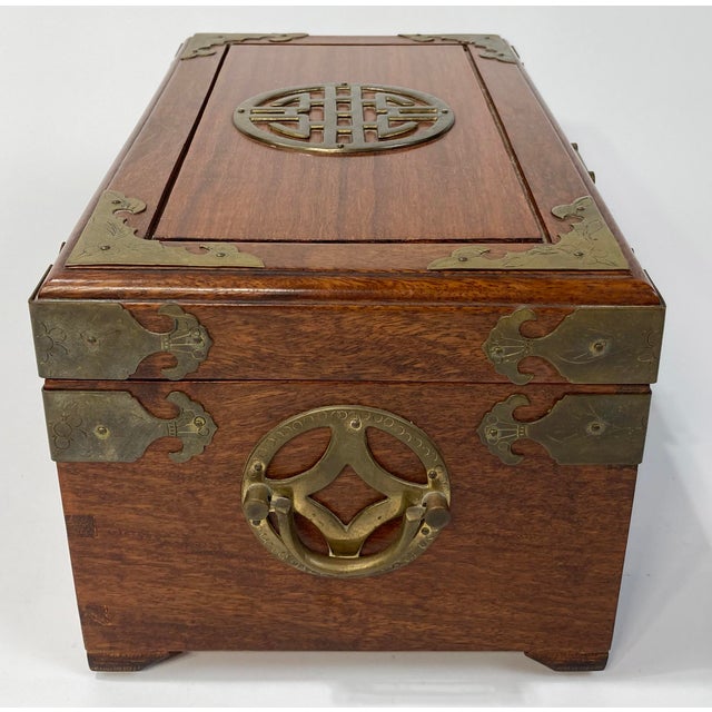 Wood Vintage Asian Wood and Brass Jewelry Box With Bar Lock For Sale - Image 7 of 11