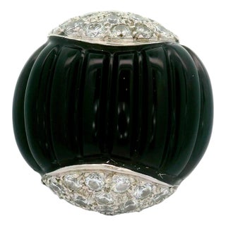 Black Onyx Diamond 18k White Gold Cocktail Ring, Size 6.75 For Sale