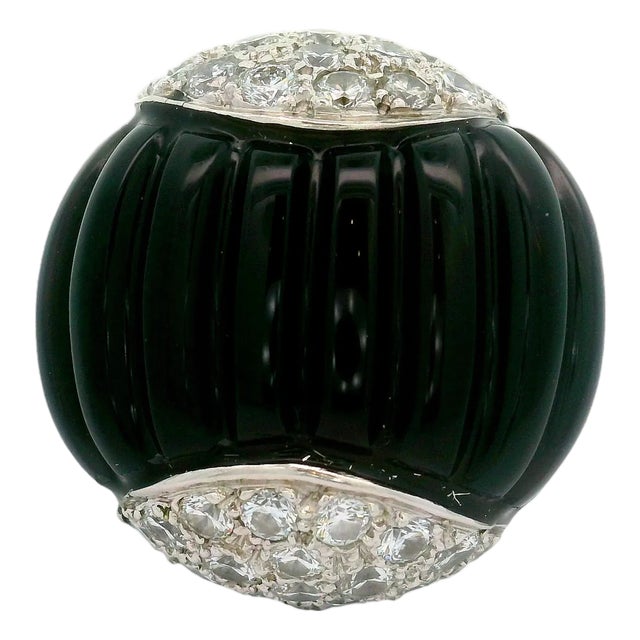 Black Onyx Diamond 18k White Gold Cocktail Ring, Size 6.75 For Sale