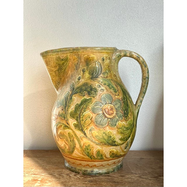 Mustard Vintage Boho Glazed Ceramic Floral Pitcher For Sale - Image 8 of 10