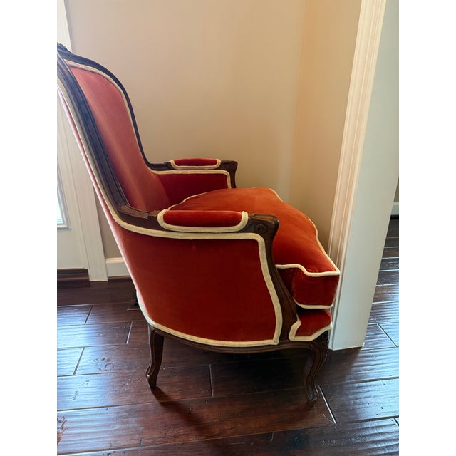 Burnt Orange Late 20th Century Henredon French Provincial Rust Velvet Armchair With Contrasting Welt & Down Cushion For Sale - Image 8 of 12