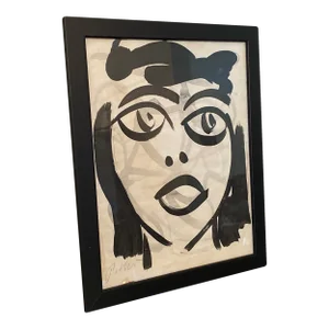 1970s Peter Keil Contemporary Original Black & White Abstract Portrait Painting, Framed