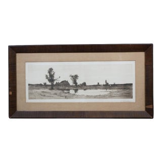 Antique Edward Loyal Field Signed Farmhouse Pond Windmill Landscape Etching 29" For Sale