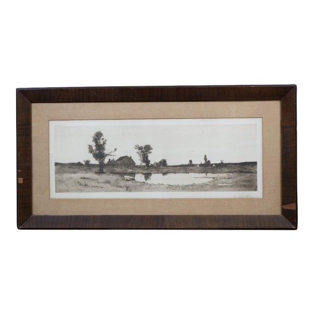 Antique Edward Loyal Field Signed Farmhouse Pond Windmill Landscape Etching 29" For Sale