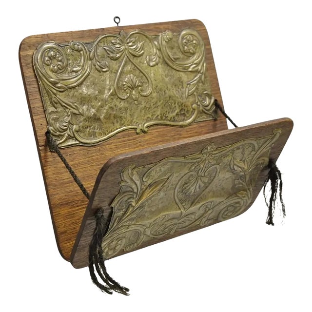 Antique Arts & Crafts Oak & Brass Embossed Folding Wall Hanging Letter Holder For Sale