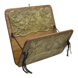 Antique Arts & Crafts Oak & Brass Embossed Folding Wall Hanging Letter Holder