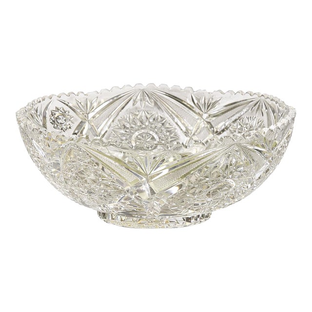 Antique American Brilliant Cut Crystal Bowl Hobstar Starburst 9” For Sale
