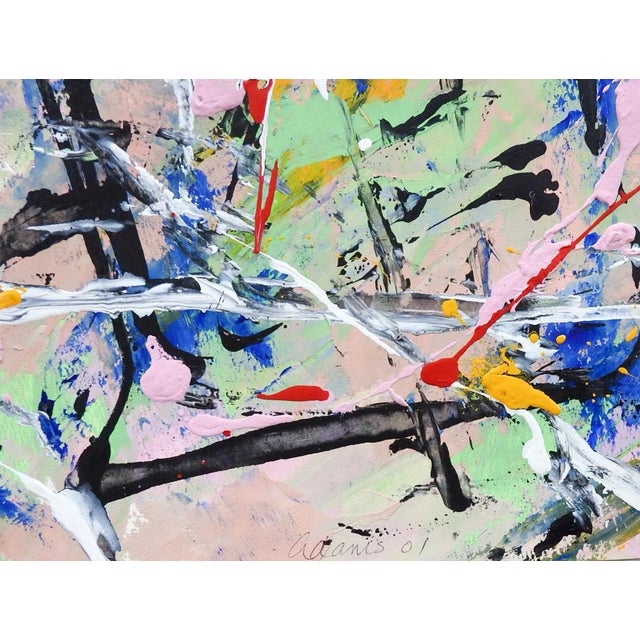 Abstract Expressionist painting on heavy paper, heavy paint application in spots. In pink, black, white, red, blue and...