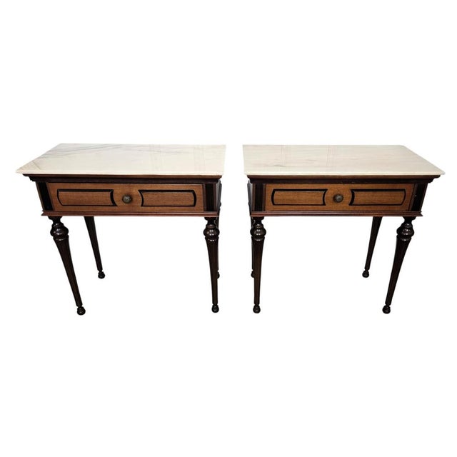 Mid-Century Modern Italian Art Deco Wooden Nightstands with Marble Top, 1950s, Set of 2 For Sale - Image 10 of 10