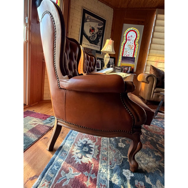 Wood Pair of Victorian Style Tufted Leather Armchairs With Carved Wood Frames, Vintage For Sale - Image 7 of 10