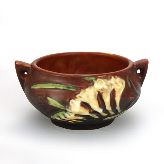 Set of 2 Roseville Art Pottery Brown Vase & Bowl with Freesia Pattern Mid 20thC Measures- Vase - 7.25"H x 3.5"W x 3.5"D;...