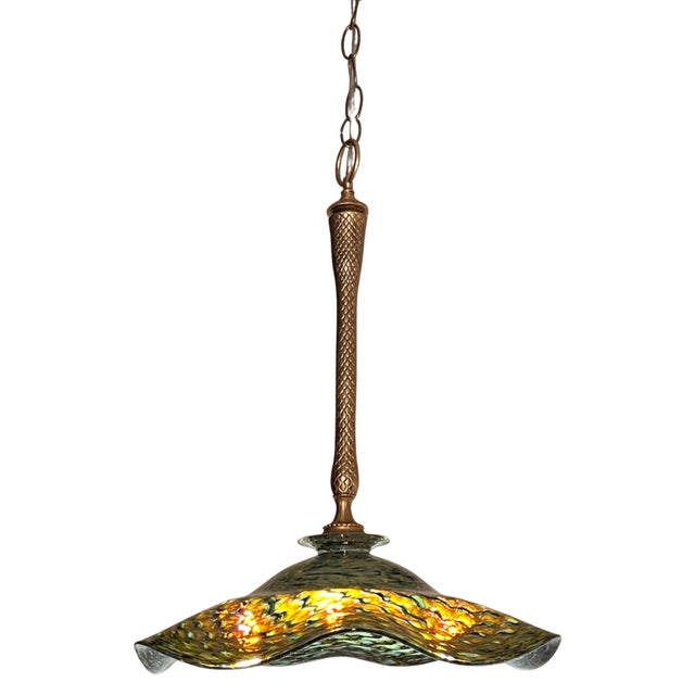 Dale Chihuly Ruffled Swirled Multicolor Green Art Glass and Brass Tone Pendant Light Signed R. Mynatt For Sale - Image 4 of 18