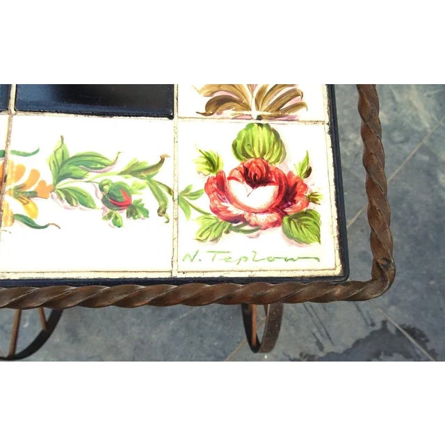 Very nice hand painted colorfull flowers ceramic tiles and bicolor wrought iron bar cart trolley that can be used in the...