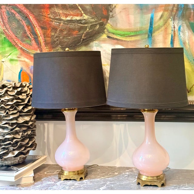 Rare Mid-Century Modern Pink Opaline Italian Murano Paul Hanson Table Lamps in the Style of Cedense Vetri- A Pair For Sale - Image 12 of 12