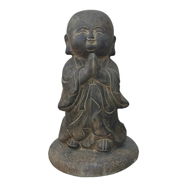 Chinese Dark Gray Stone Anjali Mudra Standing Cute Lohon Monk Statue For Sale